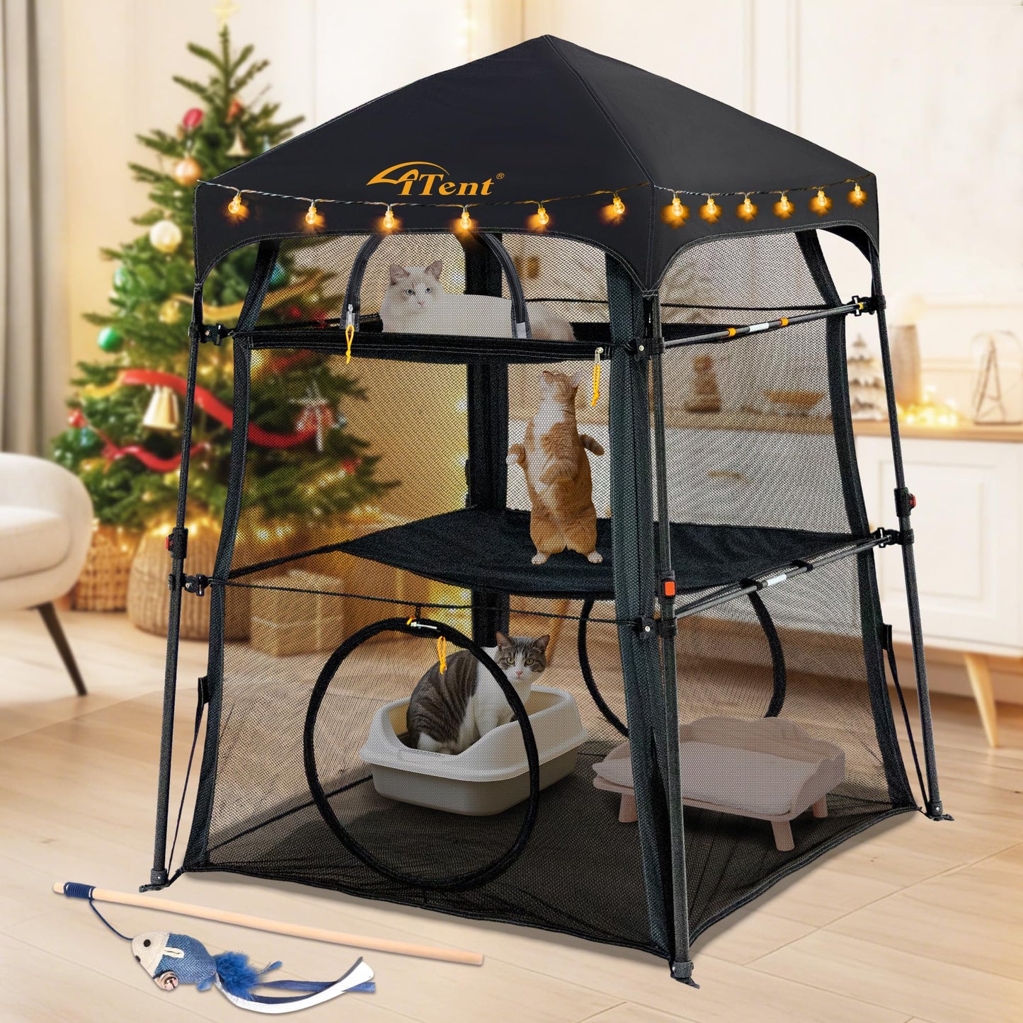 Automatic Pop-Up Cat Enclosure|3-Tier Cat Tent|Cage|Outdoor Catio with Patent,Breathable Portable & Foldable, Stable Structure for Indoor/Outdoor, Free Teaser Wand,Friendly Connectable playpen-Black