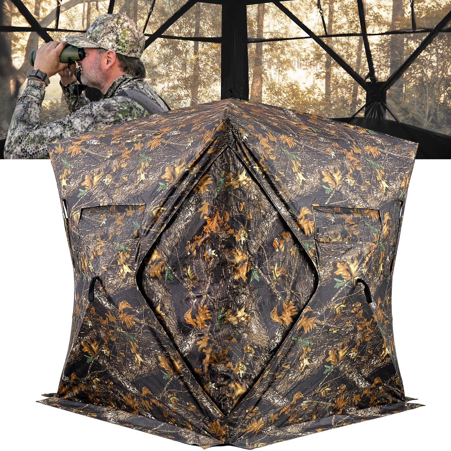 GearOZ Hunting Blind, 270° See Through Ground Blinds Camouflage Waterproof Pop-up Tent for Deer Turkey Duck Bow Hunting, 2-3 Person Portable Concealed Tent Silent Adjustable Windows with Carrying Bag