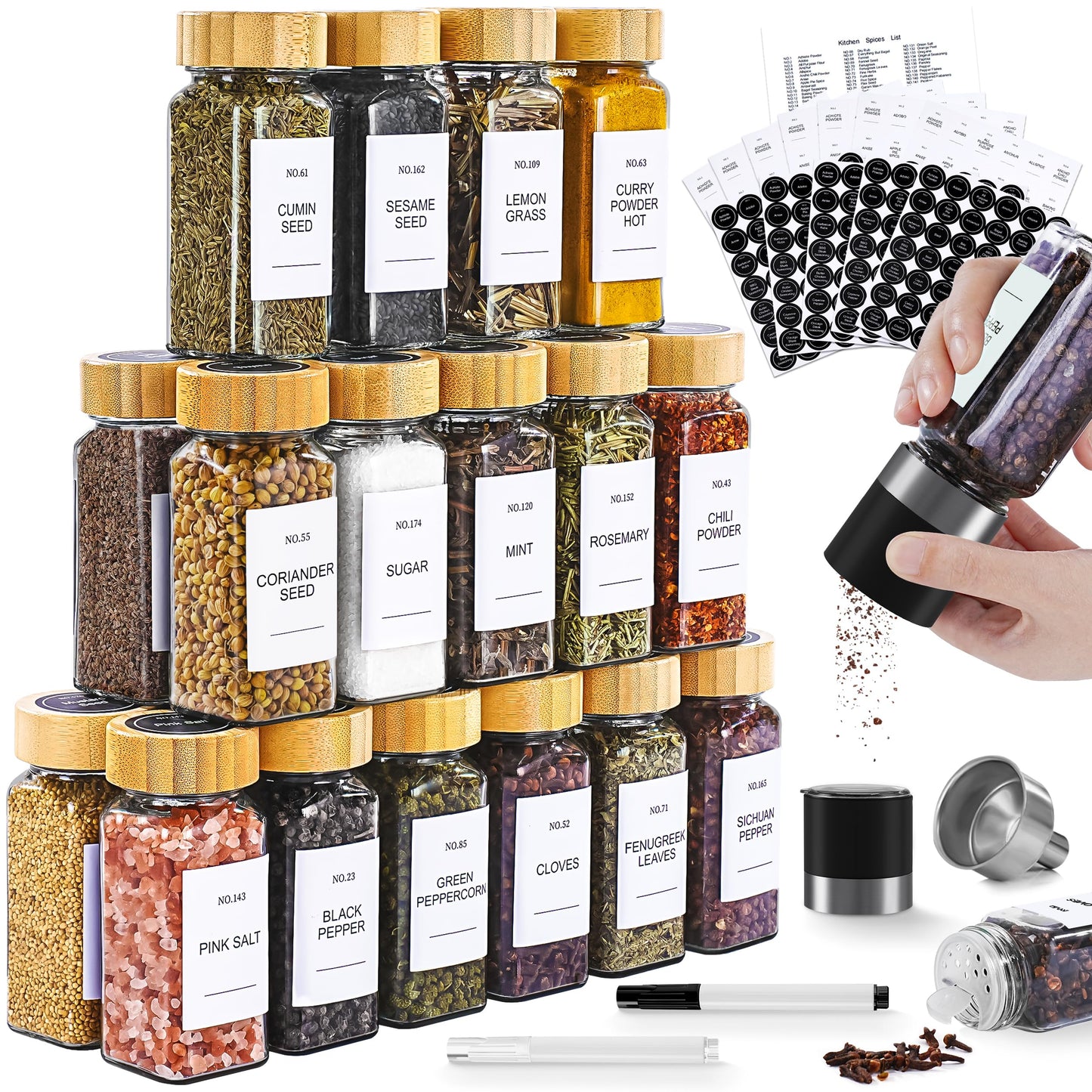 Spice Jars, 24 Pcs 4oz Seasoning Jars with Label, Glass Jars with Bamboo Lids, Spice Containers Bottles with Pepper Grinder & Stainless Steel Funnel for Seasoning Organizer, Cabinet, Drawer