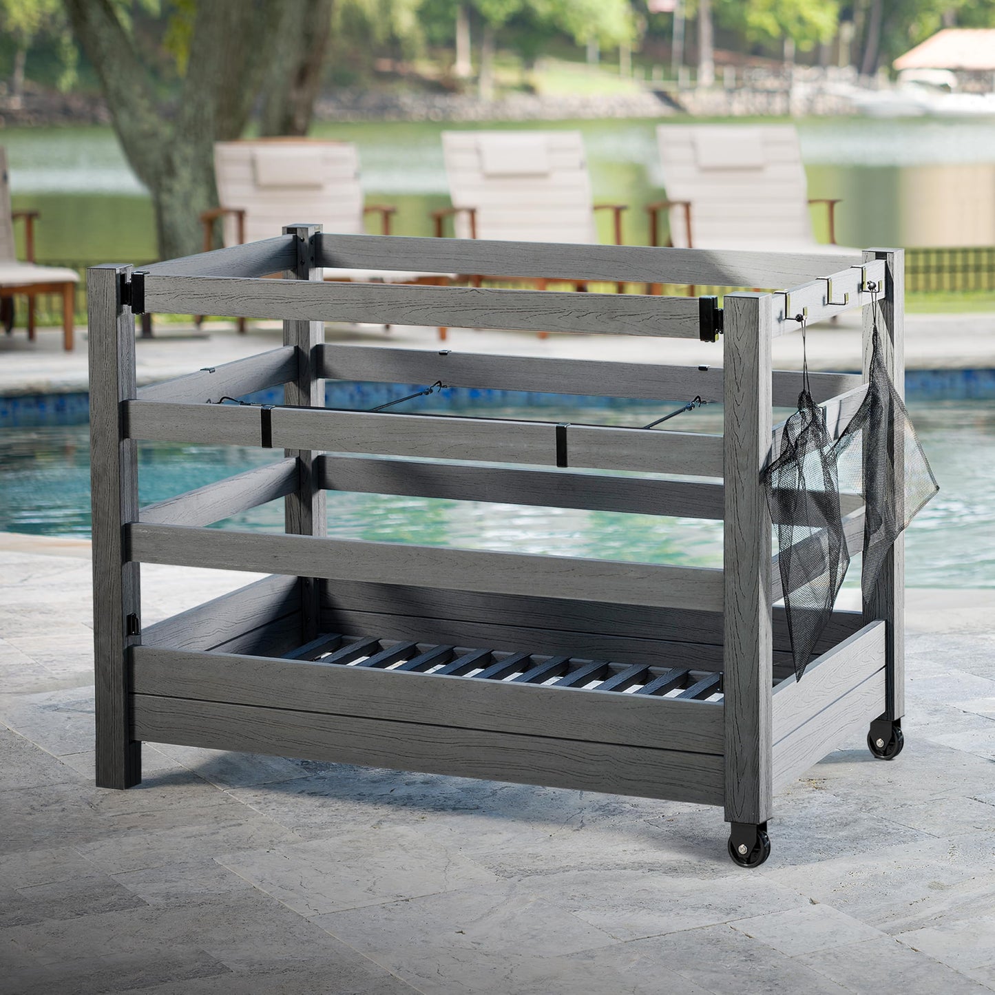 3.4ft H x 4.6ft W x 2.8ft L WoodTek Poolside Organizer and Pool Float Storage Rack, Wheeled Storage for Toys, Floats, and Accessories - Durable Pool Deck Caddy & Organizer w/ Dividers, Zippity AZ19078