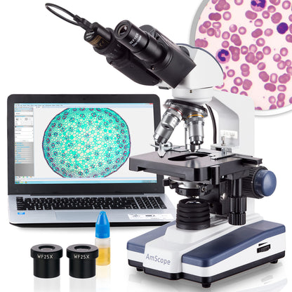 AmScope B120B-E1 Digital Siedentopf Binocular Compound Microscope, 40X-2000X Magnification, Brightfield, LED Illumination, Abbe Condenser, Double-Layer Mechanical Stage, Includes 1.3MP Camera and Software