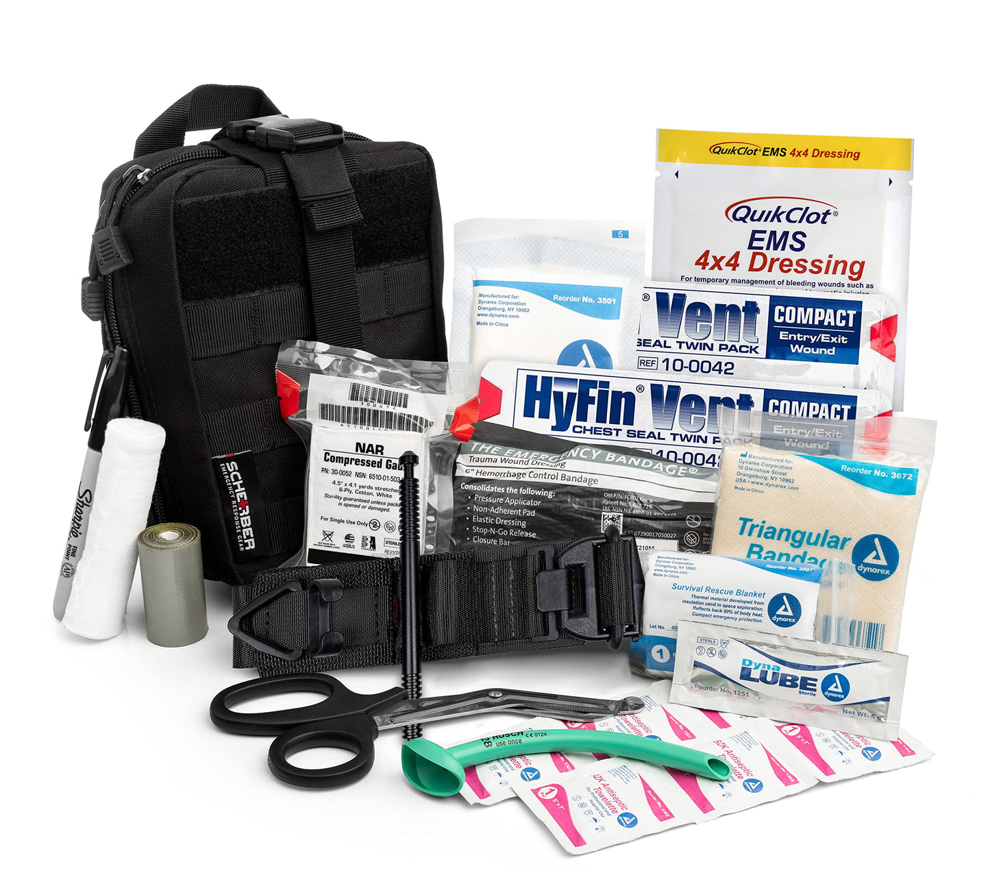 Scherber Premium IFAK Kit Trauma Pack | HSA/FSA Approved | SOF Tourniquet, QuikClot 4x4 HyFin Chest Seal, Israeli Bandage | Fully Stocked MOLLE Pouch for Gunshot, Bleeding, Major Wound Care (Black)