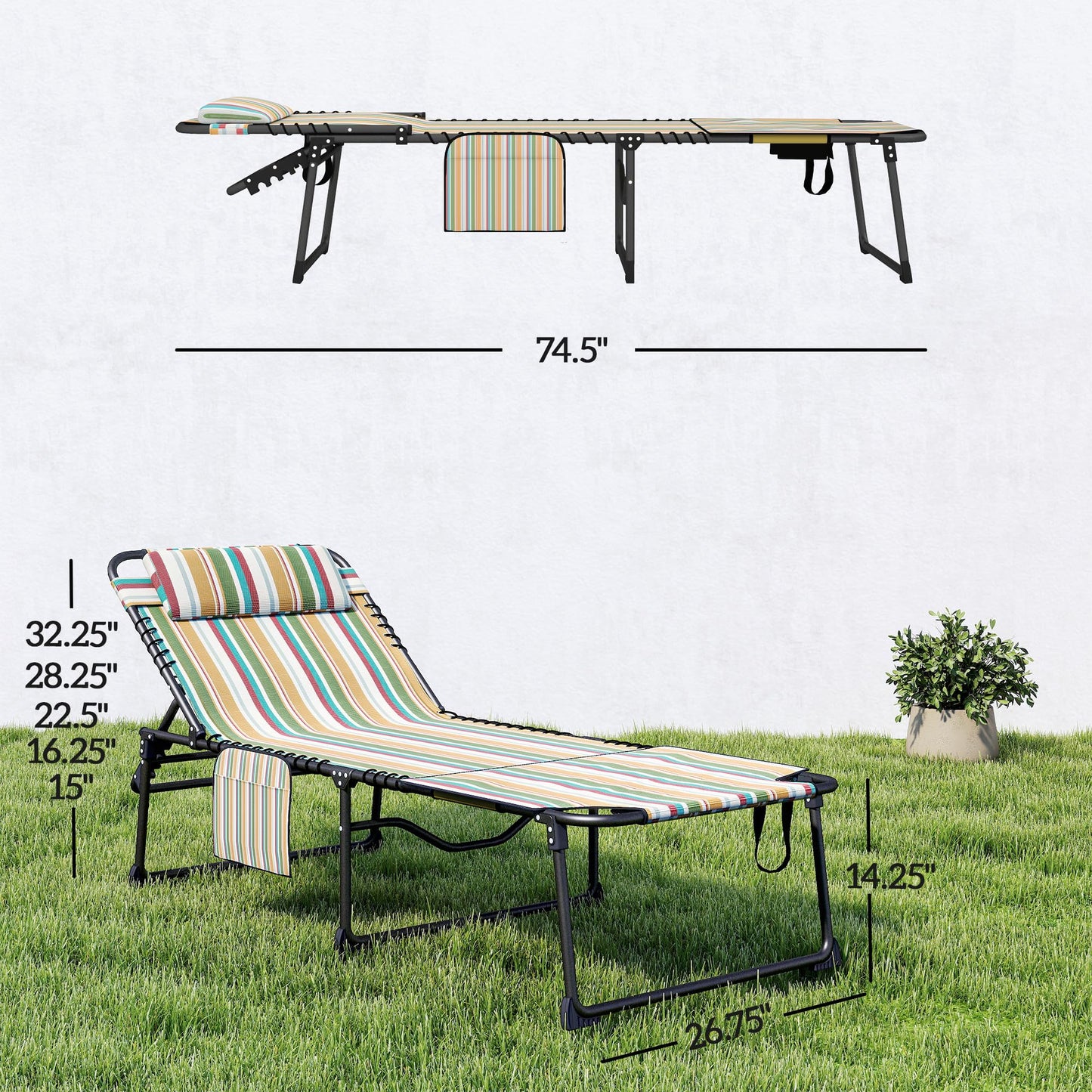 Outsunny 2 Piece Folding Chaise Lounge with 5-Level Reclining Back, Tanning Chair with Face Hole, Outdoor Lounge Chair with Side Pocket & Headrest for Beach, Yard, Patio, Rainbow Striped