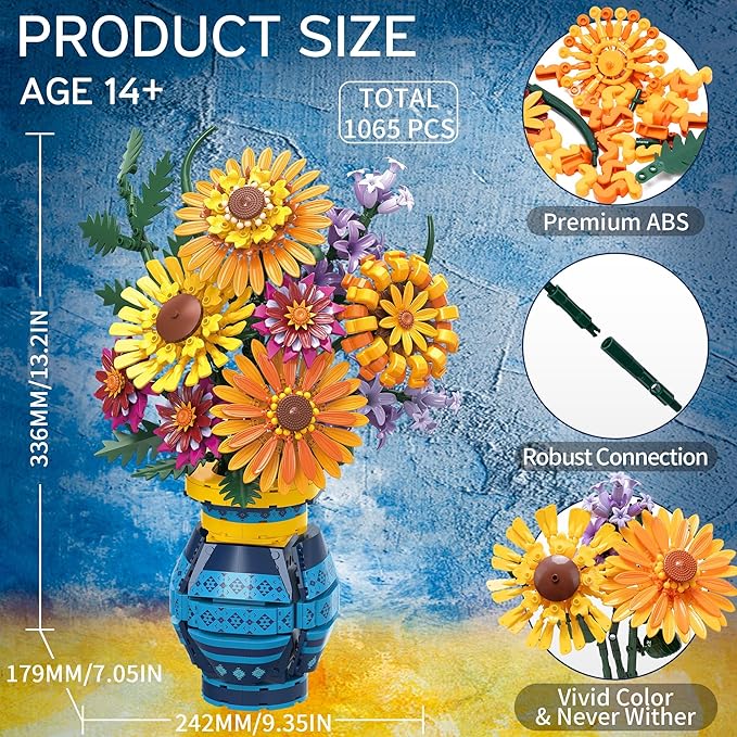 Flower Bouquet Building Blocks Set with Vase Mothers Day Mom Grandma Gifts 1065PCS Artificial Sunflower Botanical Nurse Teacher Appreciation Birthday Gifts for Wife Women Her Him Teen Girls Adults