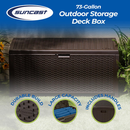 Suncast Outdoor Storage Box - 73 Gallon Mocha Brown Deck Box for Patio, weather-resistant Outdoor Storage Bench, Resin Wicker Style, Heavy-Duty, Lockable Lid for Cushions, Shoes, Pool & Garden Gear