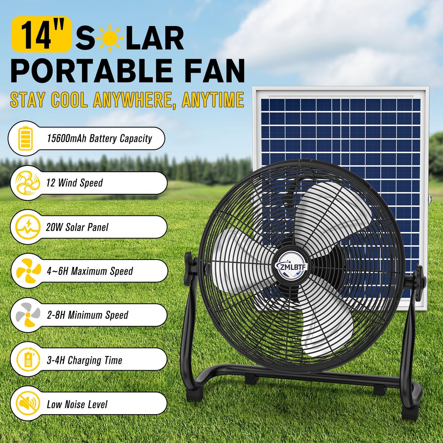 ZMLBTF 14" Solar Powered Fan with 20W Solar Panel & Rechargeable Battery, Portable, Quiet 12 Speed, 360° Tilt Head for Outside, Camping, Travel, Greenhouse, Chicken Coop, Patio, gazebo (Black)