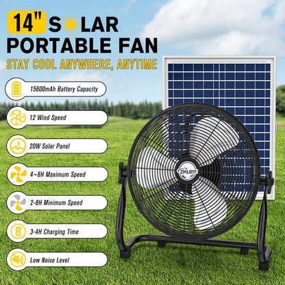 ZMLBTF 14" Solar Powered Fan with 20W Solar Panel & Rechargeable Battery, Portable, Quiet 12 Speed, 360° Tilt Head for Outside, Camping, Travel, Greenhouse, Chicken Coop, Patio, gazebo (Black)