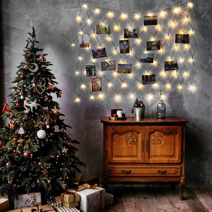 Hiboom Christmas Fairy Lights with Clips, Net Photo Clips String Lights, LED Hanging Photo Display, 8 Modes Battery Operated Christmas Lights for Home Wall Decoration, Warm White(3.3 x 3.3 ft)
