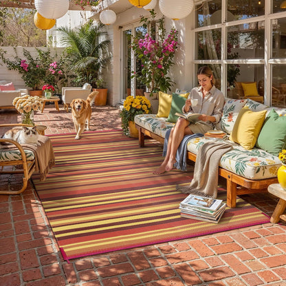 WondRg Outdoor Plastic Straw Rug Waterproof Patio 9x18 Red Orange Stripe Mat for Porch Camping RV Balcony Deck Courtyard Reversible Lightweight Durable Portable Carpet