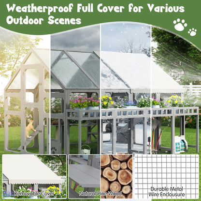 Merax Large Outdoor Cat House with Planter Stand, Wooden Walk-in Catio Enclosure with 8 Platforms, Hanging Bridge, 2 Resting Boxes, Scratching Post, Waterproof Cover for Patio Garden, Grey