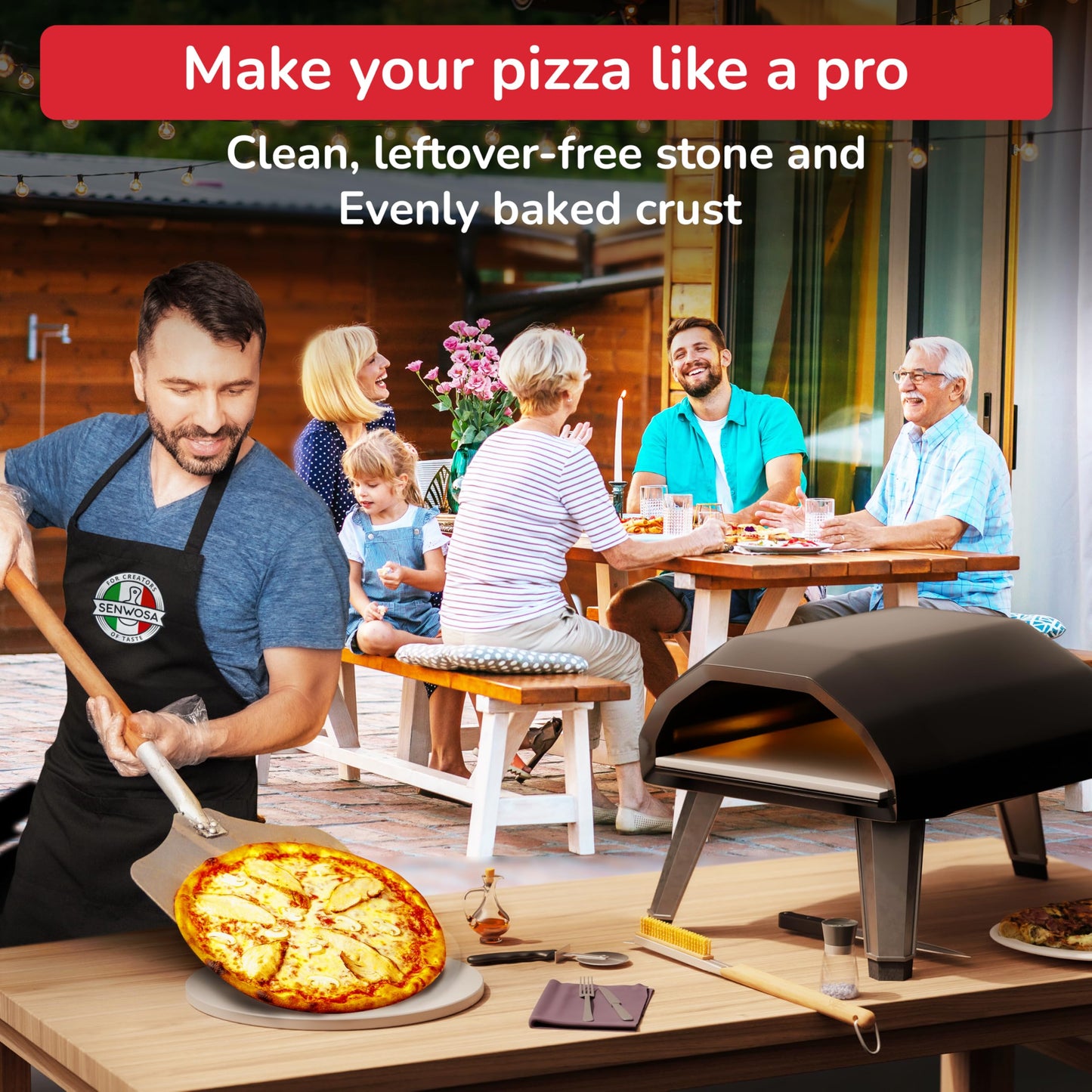 Senwosa 22” Pizza Oven Brush with Stone Scraper - Heat Resistant Stainless Steel Bristles, Long Handle - Compatible with Ooni, Gozney & Similar Ovens