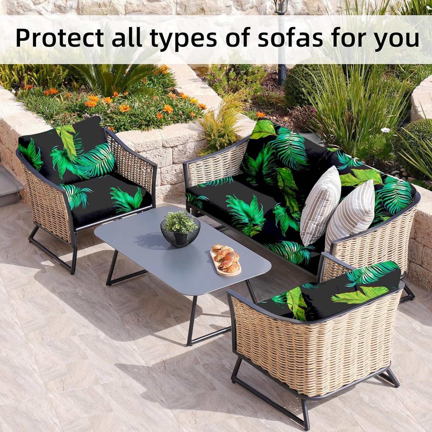 BIETYONE Outdoor Couch Cushion Covers - 8Pcs Washable & Reusable Protector | Green Leaf Design