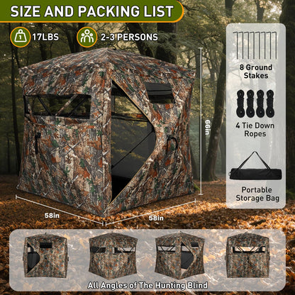TLC Sport Hunting Blind with Carrying Bag, 360 Degree See Through Ground Blind for 2-3 Person, Camouflage Pop Up Hunting Tent Portable Concealed