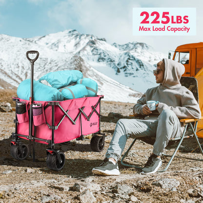 VILLEY Collapsible Folding Wagon with Big Wheels, Enlarged 225lbs Capacity, All Terrain Wagons Carts Heavy Duty Foldable, Portable Utility Garden Cart with 2 Cup Holders and Brake, Pink.