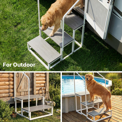 Veehoo RV Steps with Handrail for Dog Outdoor, 3 Steps Dog Hot Tub Step with Handrail for 5th Wheel RVs Camper Trailers, Non Slip Large Dogs Mobile Home Stairs Waterproof for Car Truck, up to 300 lbs