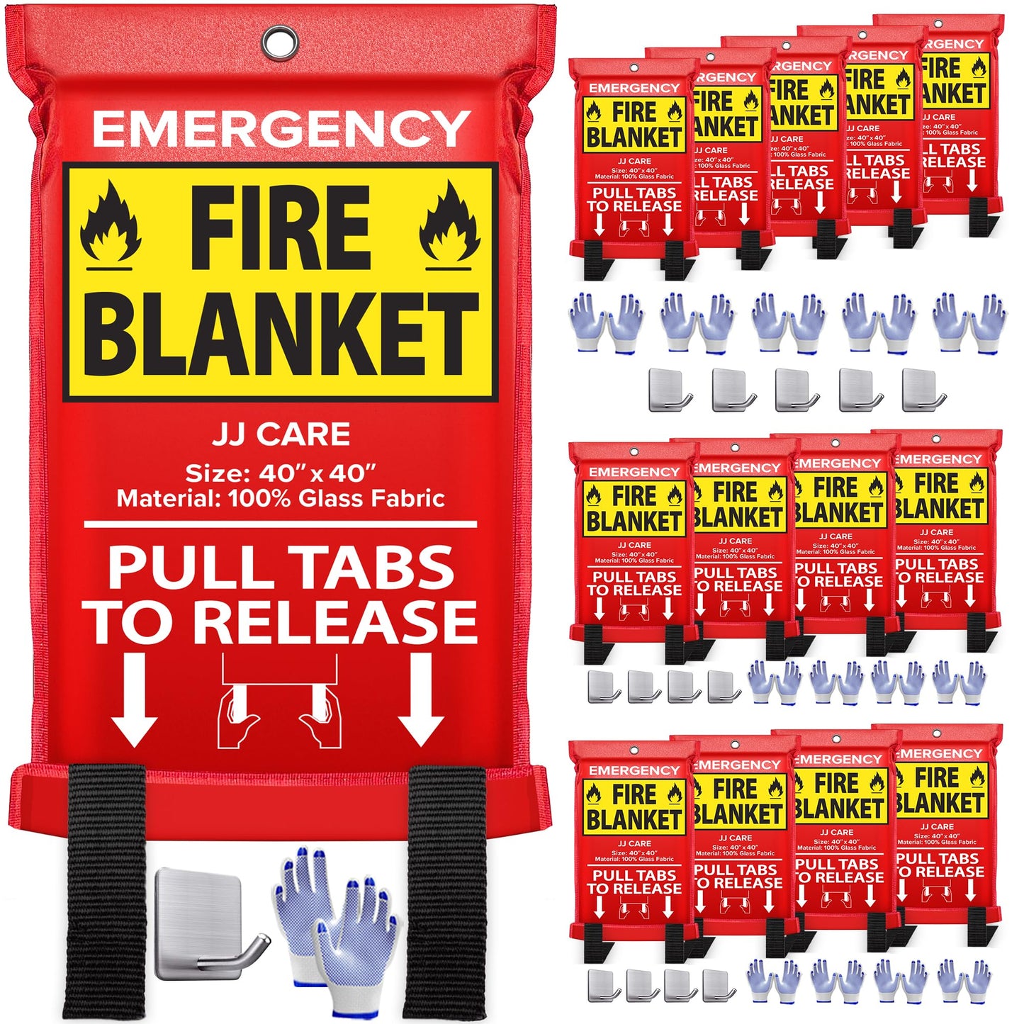 JJ CARE Fire Blanket – 14 Packs with Hooks and Gloves – 40"x40"-Emergency Fire Blanket for Home & Kitchen, High Heat Resistant Fire Suppression Blankets for Home Safety, Kitchen, and Camping