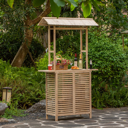 Vintiquewise Rustic Wooden Outdoor Bar Counter with Roof Beautiful Decor Accent for Patio Garden & Backyard Ideal as Bartender Station Lemonade Stand BBQ Beverage Table & Event Booth for Home Parties