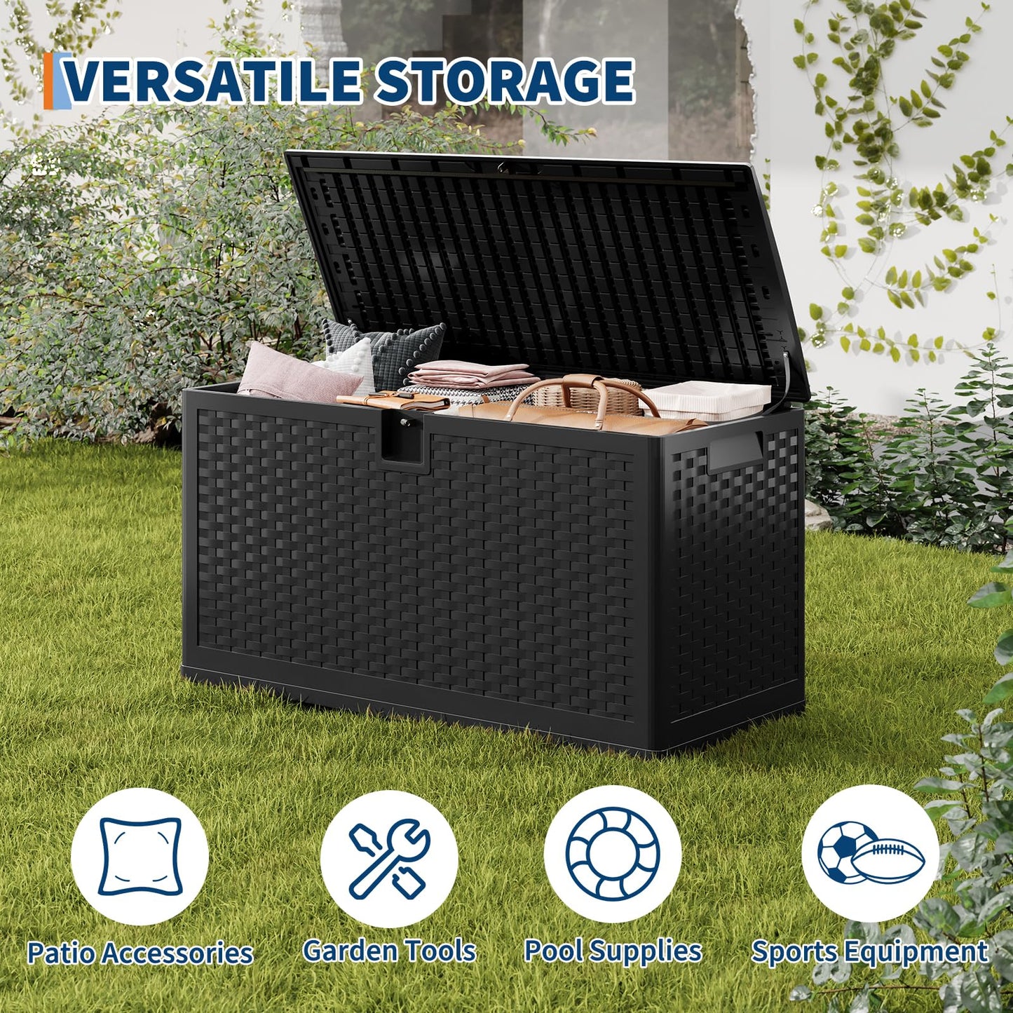 73-150 Gallon Large Outdoor Storage Box - Waterproof Resin Deck Box with Lockable Lid & Gas Struts, All-Weather Patio Storage Bench for Cushions, Pool Toys, Garden Tools, Rattan Texture (Brown/Black)