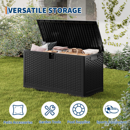 73-150 Gallon Large Outdoor Storage Box - Waterproof Resin Deck Box with Lockable Lid & Gas Struts, All-Weather Patio Storage Bench for Cushions, Pool Toys, Garden Tools, Rattan Texture (Brown/Black)