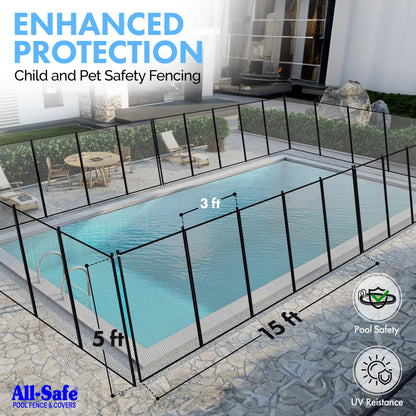 ALLSAFE Removable Mesh Pool Fence - Black 15 Foot by 5Foot Fence Panels – Pre-Assembled DIY Safety Fence with 1/2" Stainless Steel Peg Poles – 25% Longer, Easy Install, Fits Most Pool Fencing Layouts