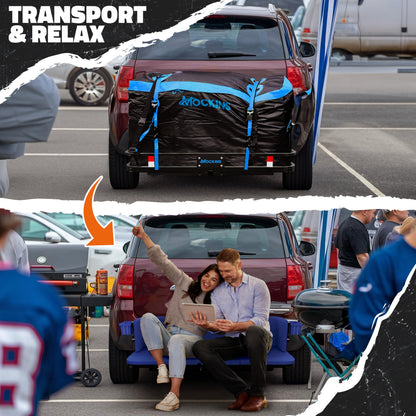 Mockins 2-in-1 Trailer Hitch Cargo Carrier Bench 48"x18"x6" w/ 15 CuFt Waterproof Truck Bed Storage Bag | 500 Lb Capacity Folding Cargo Hitch Carrier Tailgate Seat Bundle w/Stabilizer, Straps, & Lock