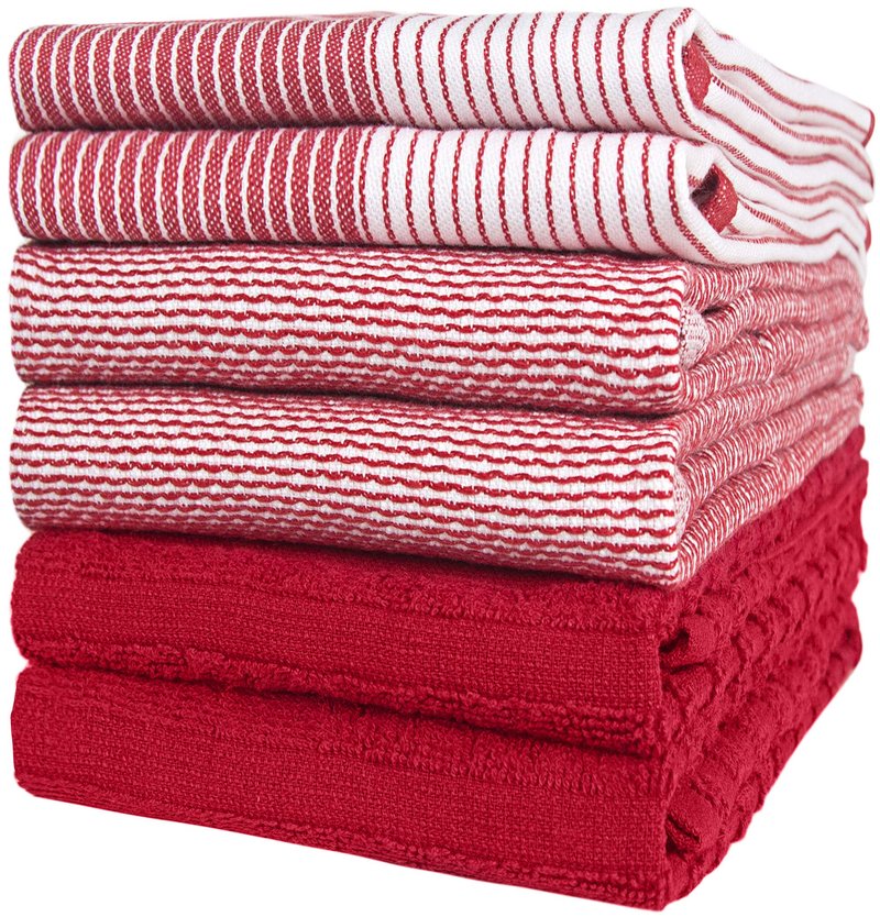 Premium Kitchen Towels (20”x 28”, 6 Pack) | Large Cotton Dish Towels | Flat & Terry Highly Absorbent Kitchen Linen Set with Hanging Loop | Red