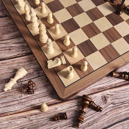 15 Wooden Chess Set with Magnetic Pieces - Extra Queens - Folding Chessboard Portable Travel Tournament Chess Board Games for Adults Kids