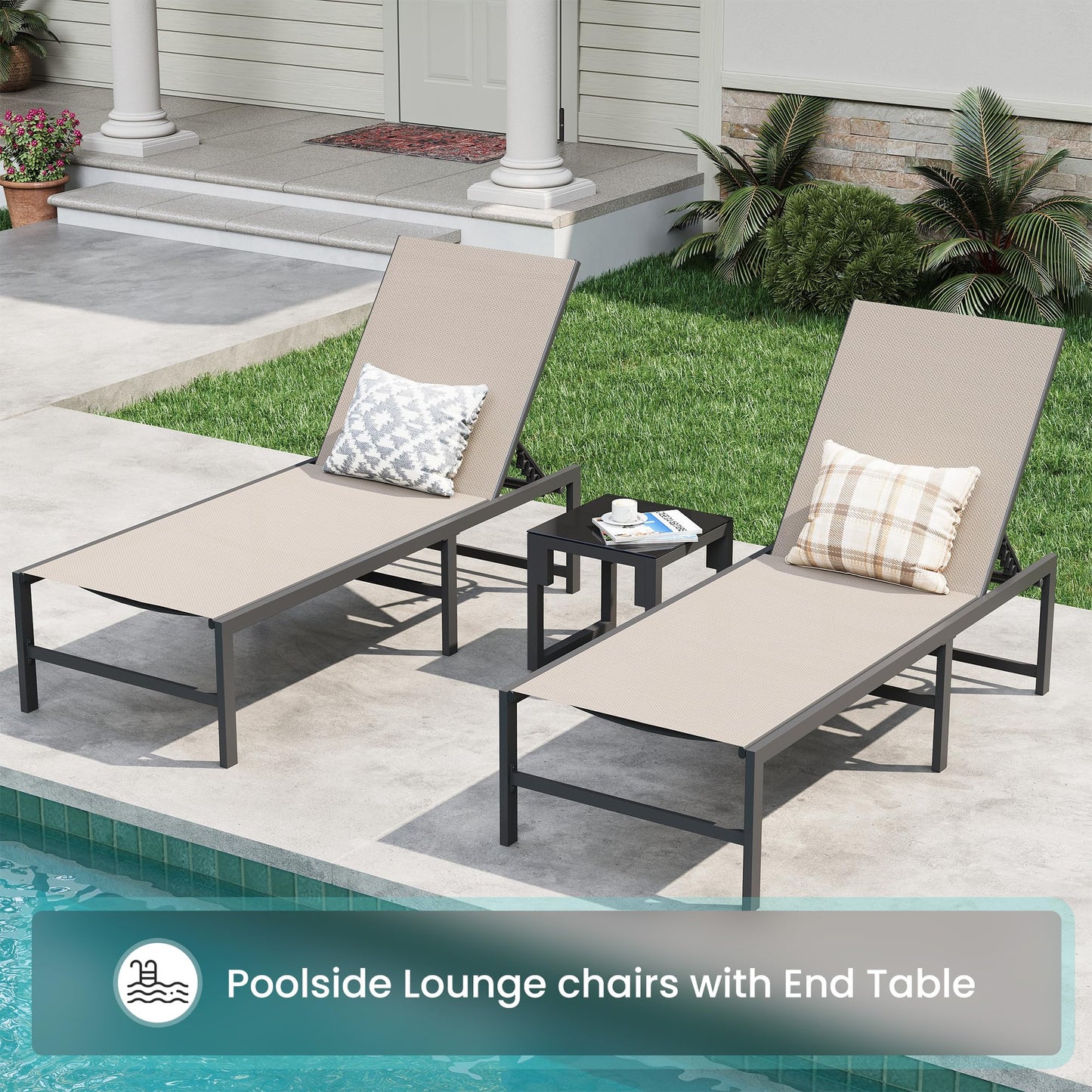 Amopatio 3 Piece Patio Lounge Chair Set Adjustable Lounge Chairs Set of 2 with Side Table for Poolside Weather Resistant Outdoor Chaise Lounge for Backyard Beach, 400 LBS Capacity(Khaki)