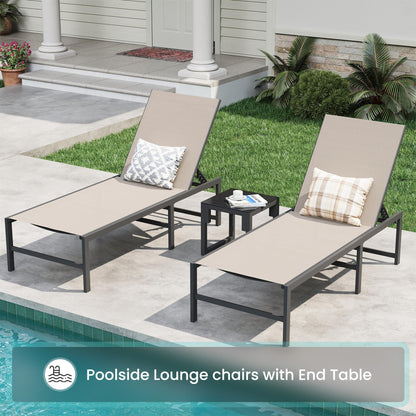 Amopatio 3 Piece Patio Lounge Chair Set Adjustable Lounge Chairs Set of 2 with Side Table for Poolside Weather Resistant Outdoor Chaise Lounge for Backyard Beach, 400 LBS Capacity(Khaki)