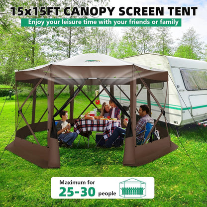 COBIZI Pop Up Gazebo Screen Tent Screen House for Camping, 15x15 Screen Room with Mosquito Netting, Hub Tent Instant Screened Canopy with Carrying Bag and Ground Stakes, Brown