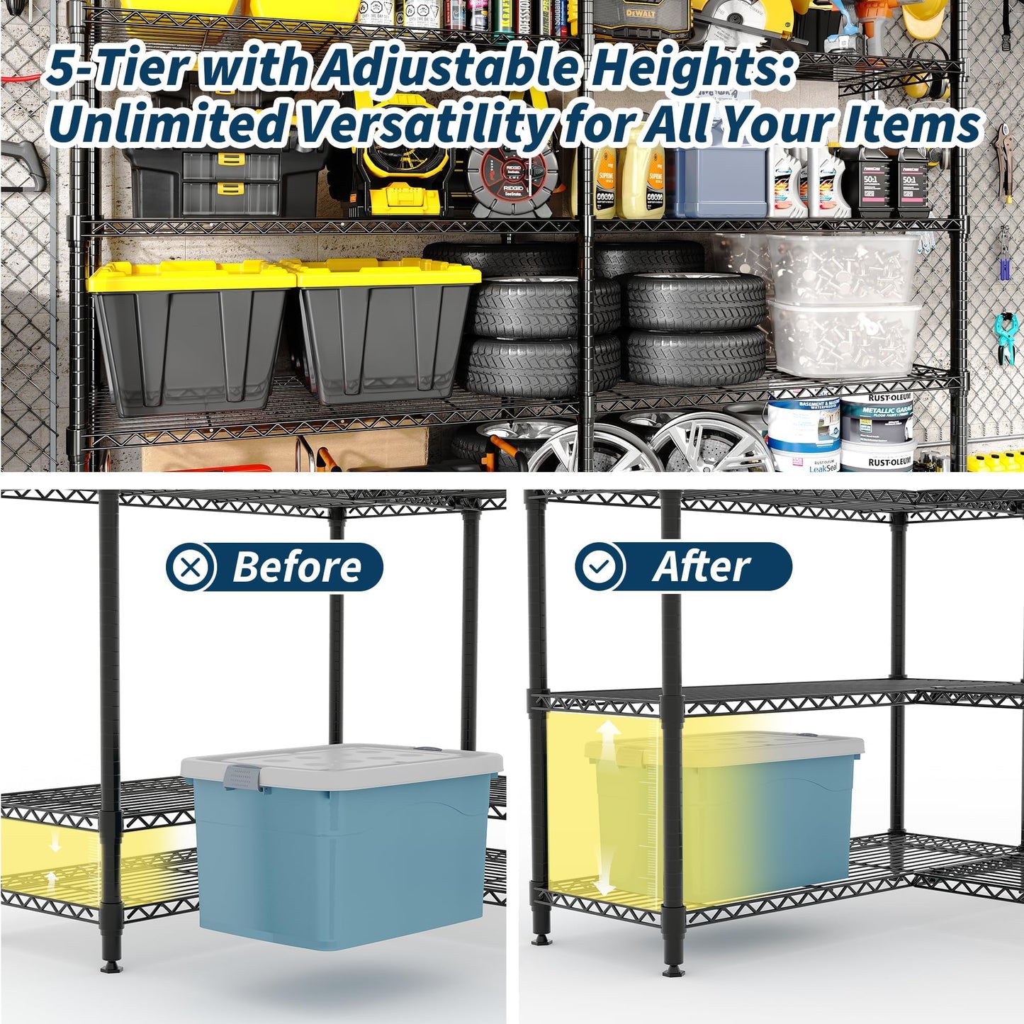5-Shelf Heavy Duty Metal Storage Rack, 71" Wide Adjustable Wire Shelving with 1325 lbs Load Capacity, L-Shaped Design for Garage, Kitchen, Pantry, Basement, and Warehouse, 70.5" H x 15.8" D