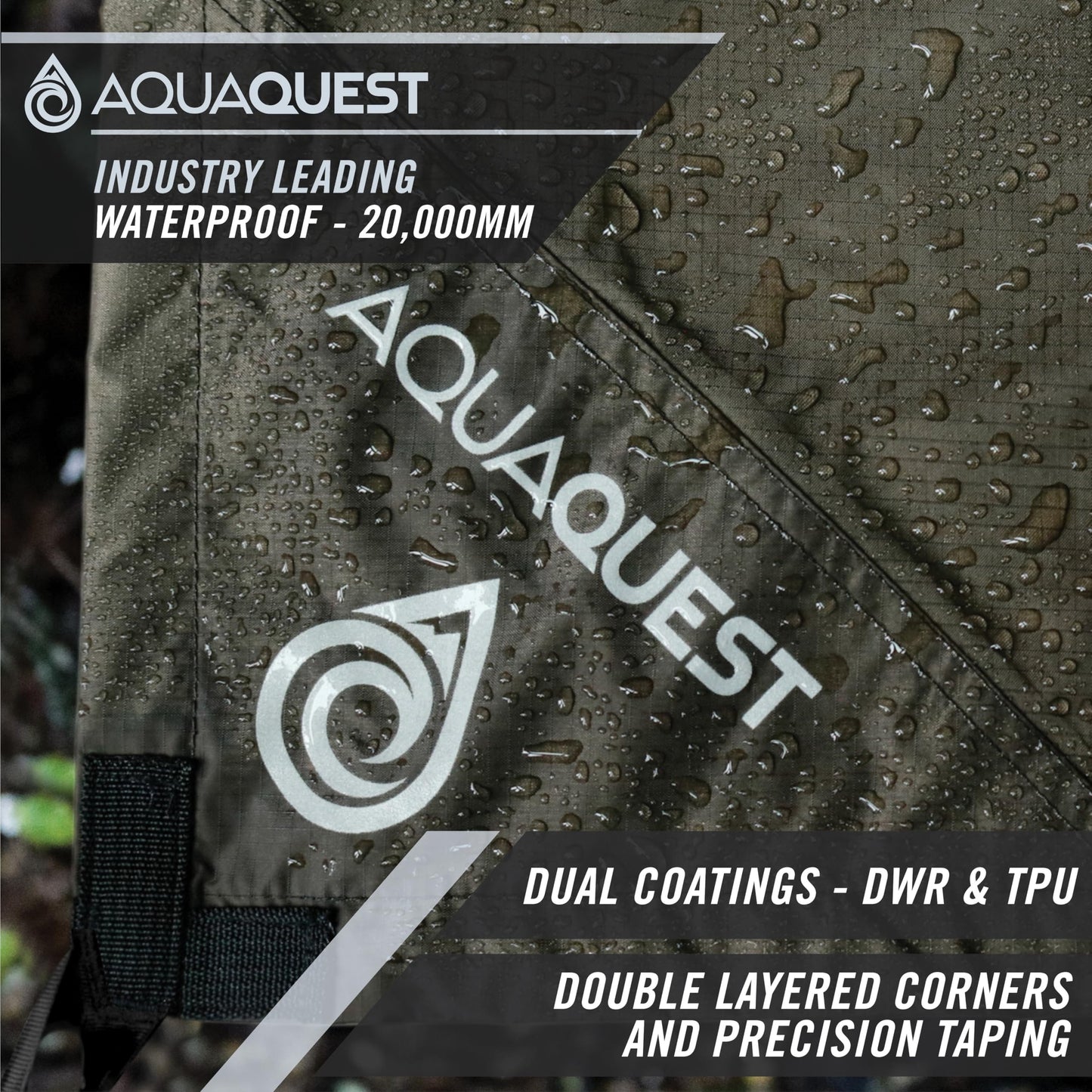 AquaQuest Defender Tarp – Heavy‑Duty Waterproof (20,000 mm) Seam‑Taped Rain Fly for Camping, Bushcraft & Survival – 10×10 Olive Drab Kit