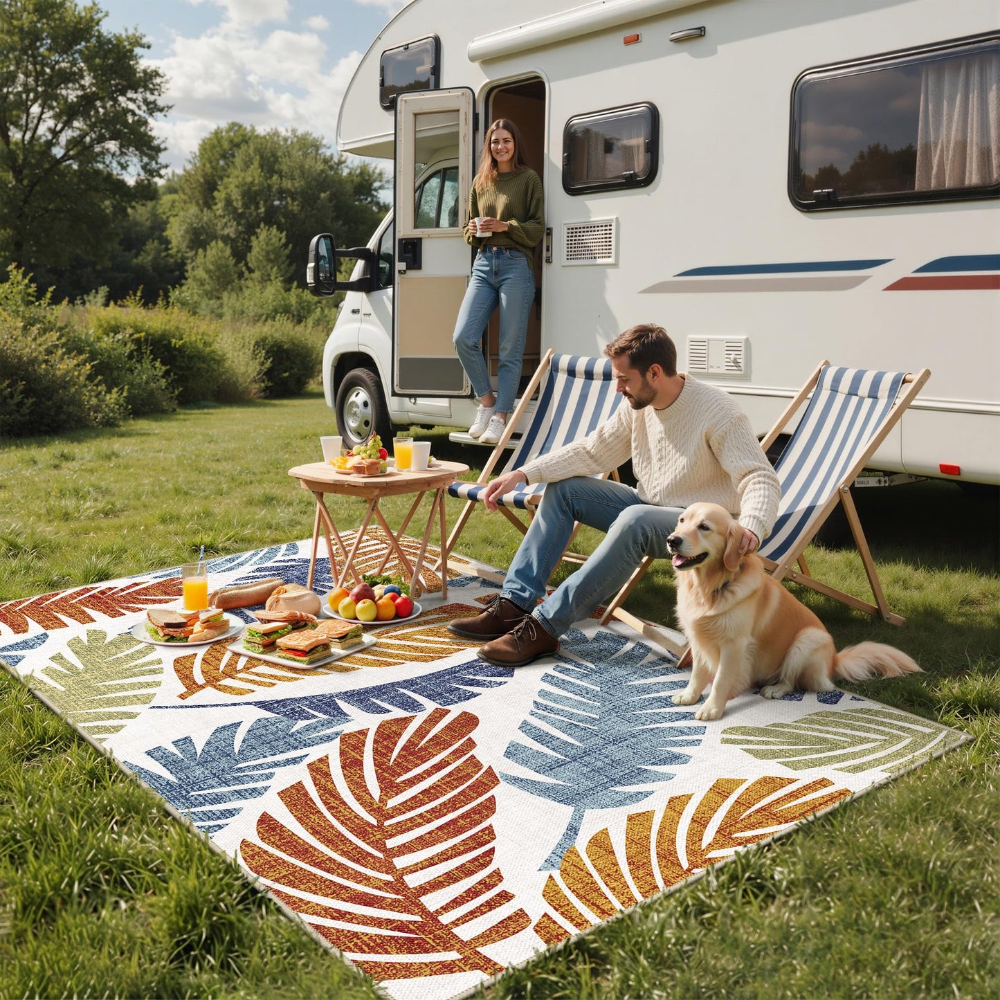 GENIMO Outdoor & Indoor Area Rug 8'x10', Waterproof, Non-Shedding, Easy Cleaning, Leaf Mat for Patio, Living Room, Balcony, Dining Room, RV, Deck, Bedroom, Camping, Outside Carpet, Rust Navy