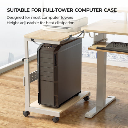 EUREKA ERGONOMIC PC Stand Computer Cart, Height Adjustable Tower Stand 2-Tier Suit for ATX Case Printer, Metal Rolling Cart on Wheels for Gaming Home Office, Maple