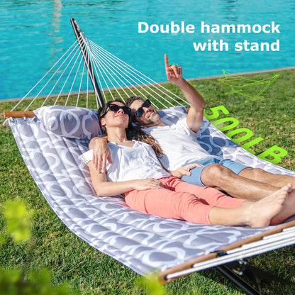 ANAGOO Double Hammock with Stand, Heavy Duty Outdoor Hammock for Two, 500 LBS Capacity, Stable Steel Frame with Balance Strap, Easy Tool-Free Assembly for Patio, Garden, Backyard & Beach,White Grey