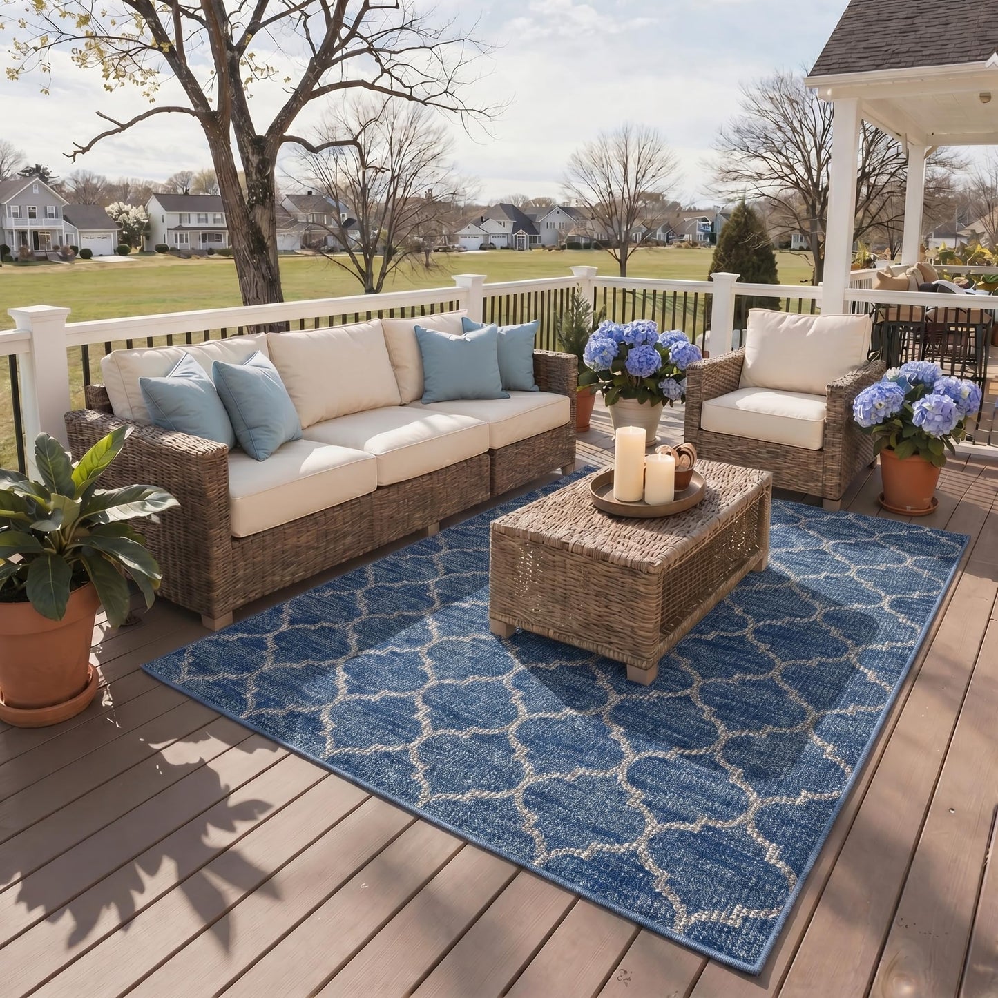 GENIMO Indoor Outdoor Area Rug 6X9, Non-Shedding, Machine Washable Mat for Patio, Balcony, Deck, Blue White