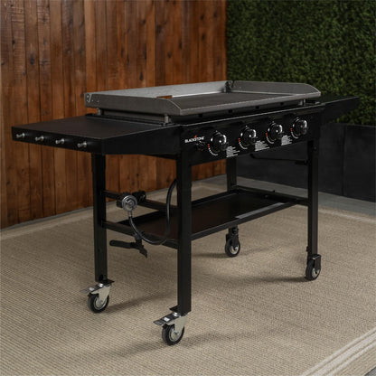 Blackstone 36 Inch 4 Burner 60,000 BTU Portable Steel Griddle Cooking Station with Foldable Legs, Grease Pan, and Storage Rack, Black