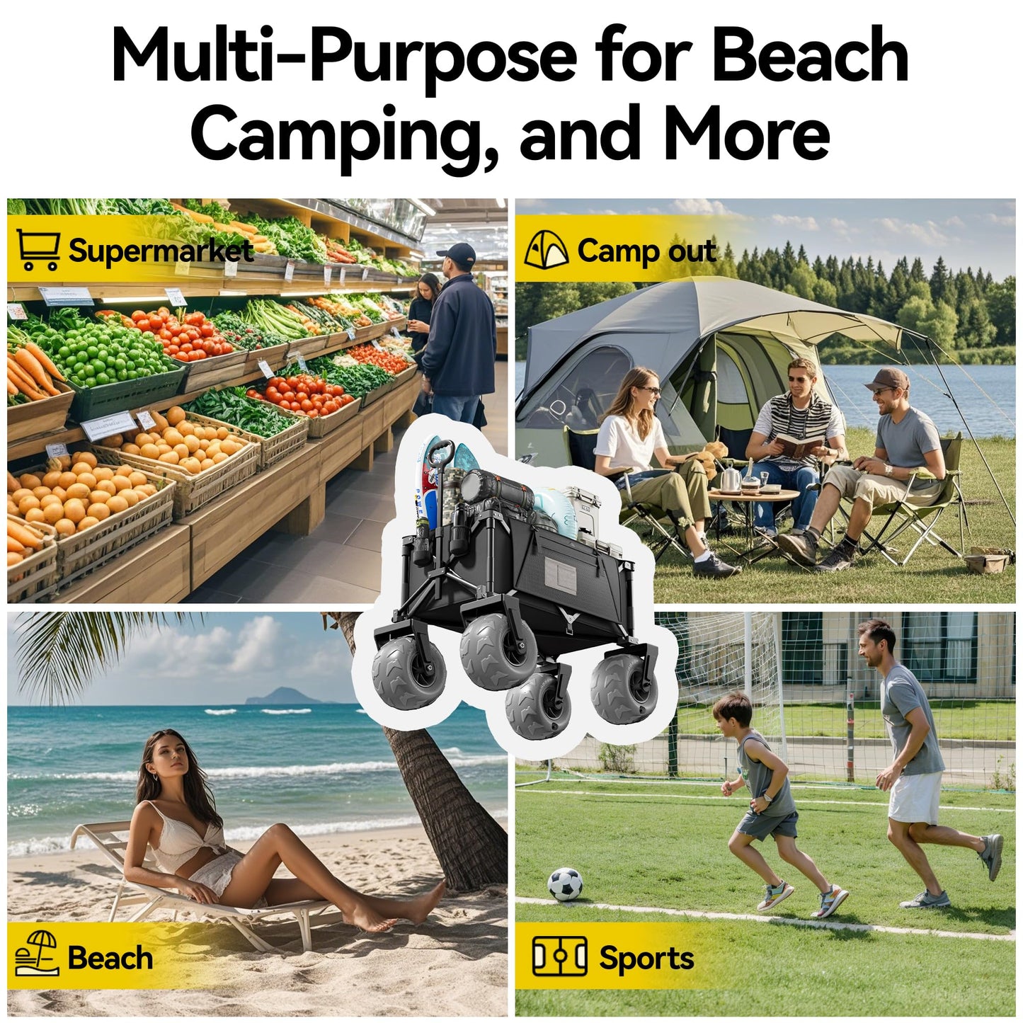 DXZ Beach Wagon Cart with Big Wheels for Sand – Folding Collapsible Wagon, Heavy Duty Wagons Carts Foldable for Beach, Camping, Outdoor Gear, Easy Setup Black Grey