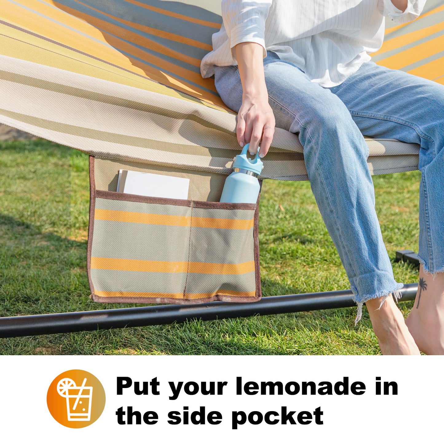 Gafete Waterproof Double Hammock with Stand for Outside Heavy Duty, 2 Person 55'' Large Quick Dry Textilene Hammocks with Hardwood Spreader Bar, Pillow, Pockets, for Outdoor, 475lbs Capacity (Coffee)