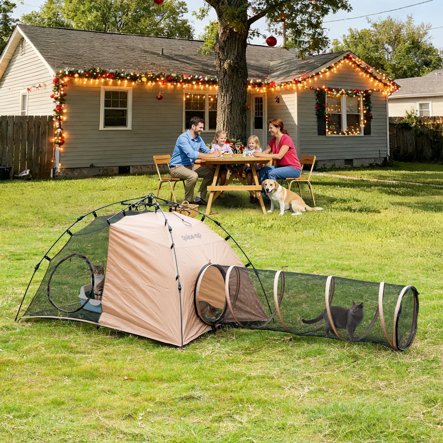Pop-Up Cat Tent with Soft Pet Bed and 3 Tunnels - Dual Room Kitty Hideaway for Playing & Napping, Scratch-Resistant Mesh, Detachable DIY Interactive Cat Play Set, Portable Indoor Outdoor Cat Cave