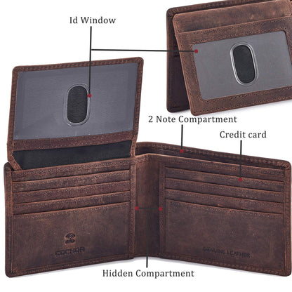 Bifold Wallet for Men's Real Genuine Slim Leather RFID Blocking 2 ID Windows Stylish Travel Gift Box (CRAZY HORSE, COGNAC)