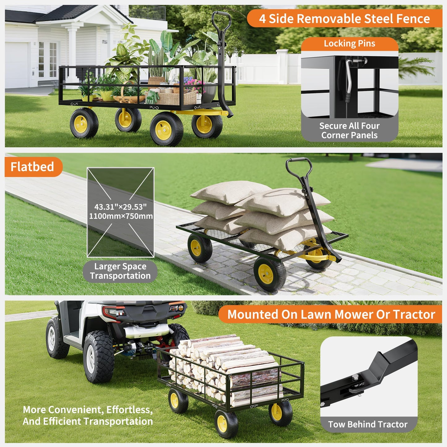 Heavy Duty Steel Garden Cart, 1200 Lbs Garden Wagon with 13" All Terrain Tires, 3-in-1 Metal Utility Wagon with Removable Mesh Side Panels and 180° Rotating Handle for Yard, Lawn and Garden