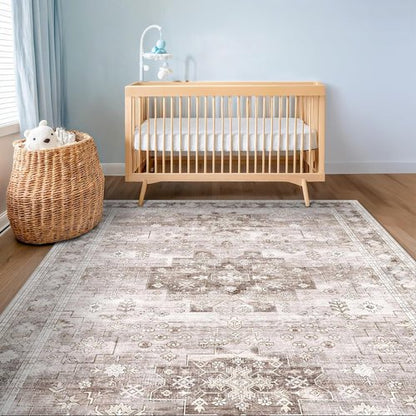 Farmhouse Large Entryway Rug by Washable | Non-Slip, Stain Resistant | 3x6 Beige/Latte for Kitchen & Bedroom