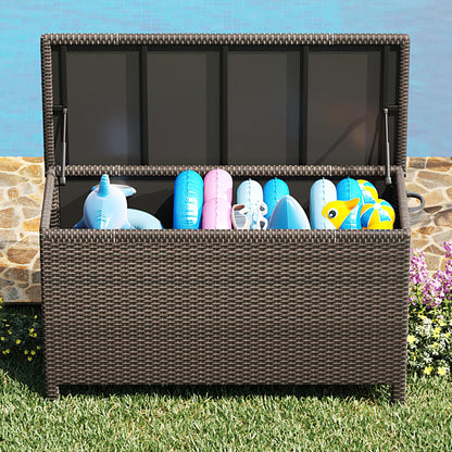 Large Deck Box Waterproof PE Rattan Outdoor Storage Box with Handles and Wheels, Storage Bin for Garden, Balcony, Porch, Pool, Yard (Brown, 125 Gallon)