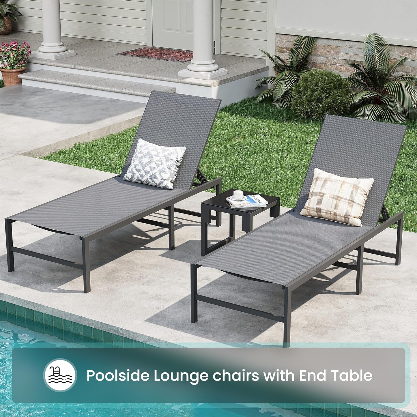 Amopatio 3-Piece Patio Lounge Chair Set - Adjustable Outdoor Chaise with Side Table | Weather-Resistant Gray, 400 LBS Capacity