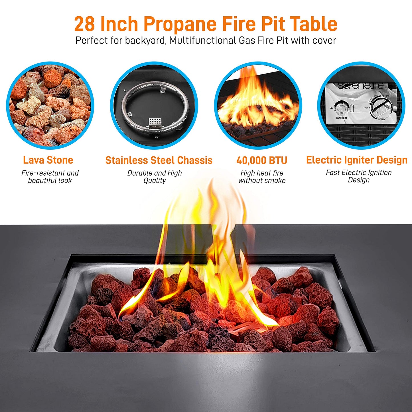 SereneLife Outdoor Propane Fire Pit Table - 40,000 BTU Square Gas Fire Table with Steel Top, Rattan-Style Panels, 6.6 lbs Lava Rock Set, Pulse Ignition for Patio & Backyard Heating, 28 x 28 x 24 in