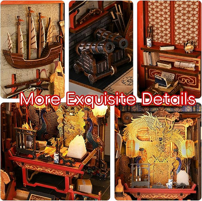 Book Nook Kit 3D Wooden Puzzle for Teens and Adults DIY Miniature Dollhouse Booknook Kit Bookend Bookshelf Insert Decor with LED Light (The Emperor’s Study)