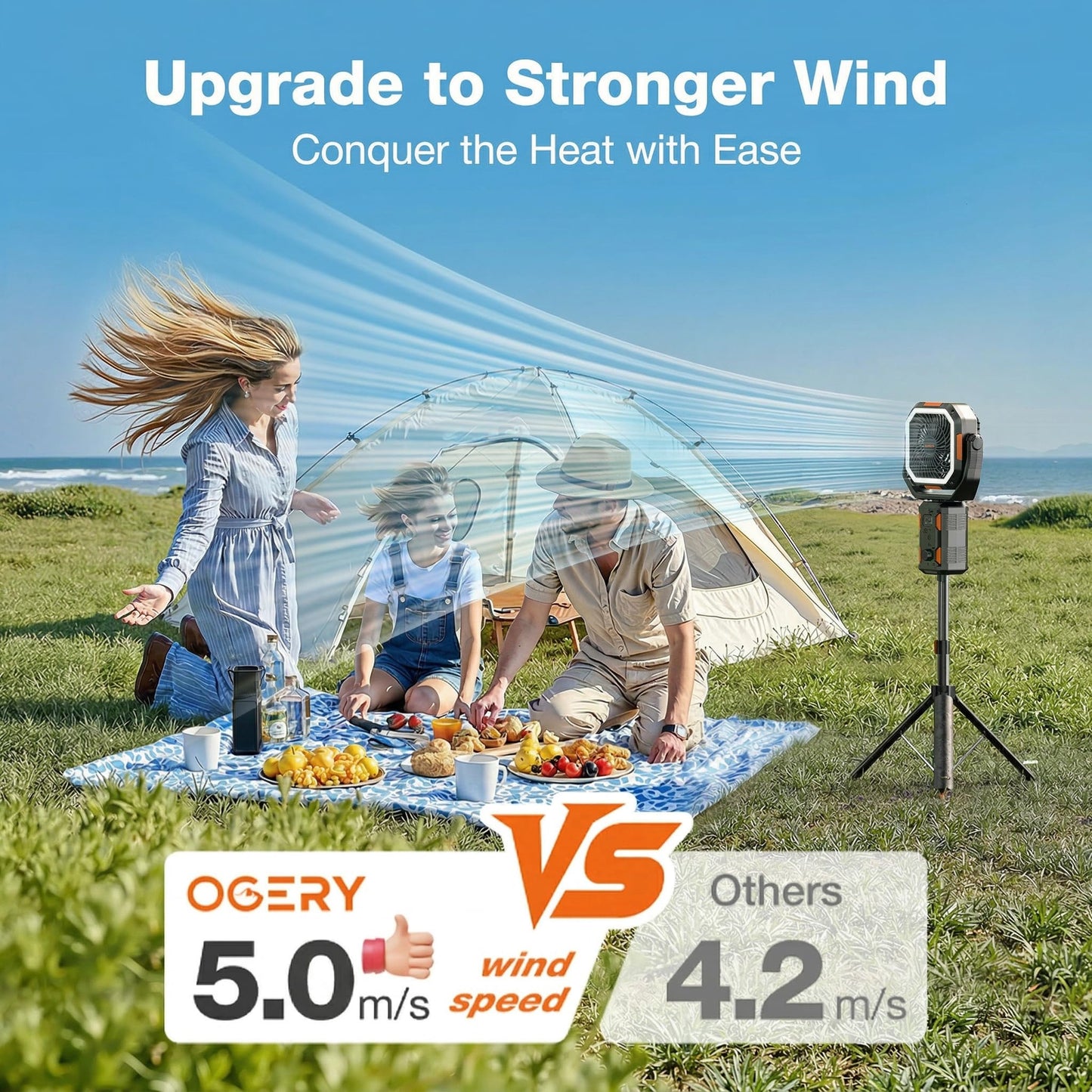 OGERY Camping Fan, Portable Fan with Adjustable Height Stand, 20000mAh Rechargeable Battery Powered Fan with Remote, LED Light, Auto Oscillation, Fast Charging, Floor or Desk Fan for Tent, RV, Travel