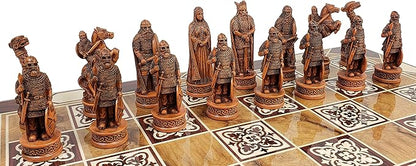 Antique Ivory &amp Brown Norse Viking Chess Set with 17 Burlwood Color Board