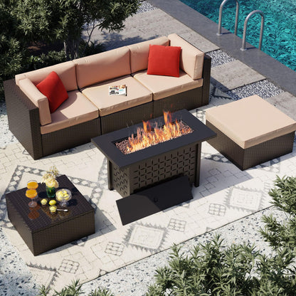 Vongrasig 6 Piece Patio Furniture Set with Fire Pit Table, Outdoor Conversation Sets Rattan Sectional Sofa with Coffee Table, 43 inch Propane Gas Firepit Table with Lid, Beige